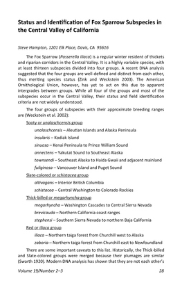 Status and Identification of Fox Sparrow Subspecies in the Central Valley of California