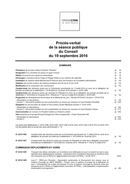 Procès-Verbal De La Séance Publique Du Conseil Du 19 Septembre 2016