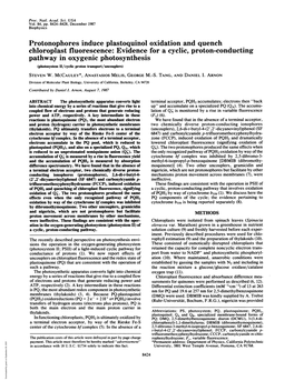 Chloroplast Fluorescence: Evidence for a Cyclic, Proton-Conducting Pathway in Oxygenic Photosynthesis (Photosystem II/Cyclic Proton Transport/Uncouplers) STEVEN W