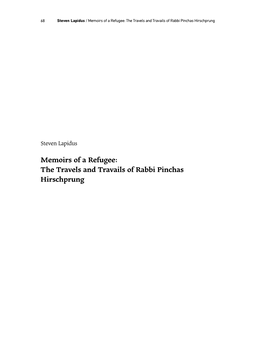 Memoirs of a Refugee: the Travels and Travails of Rabbi Pinchas Hirschprung