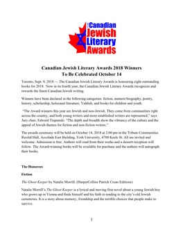 Canadian Jewish Literary Awards 2018 Winners to Be Celebrated October 14 Toronto, Sept