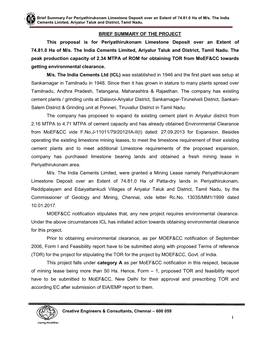 BRIEF SUMMARY of the PROJECT This Proposal Is for Periyathirukonam Limestone Deposit Over an Extent of 74.81.0 Ha of M/S