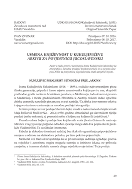 Usmena Književnost U Kukuljevićevu Arkivu Za Povjestnicu Jugoslavensku