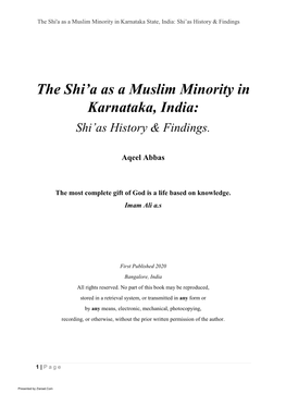 The Shi'a As a Muslim Minority in Karnataka, India