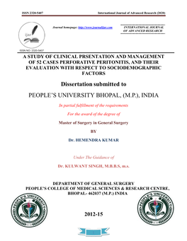 Dissertation Submitted to PEOPLE's UNIVERSITY BHOPAL, (M.P.), INDIA