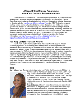 African Critical Inquiry Programme Ivan Karp Doctoral Research Awards