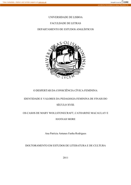 Universidade De Lisboa Faculdade De Letras Departamento De Estudos Anglísticos O Despertar Da Consciência Cívica Feminina: Id