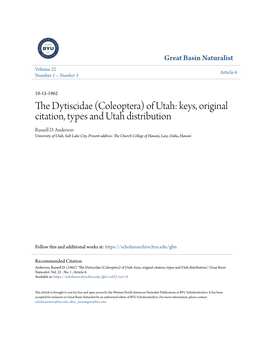 Of Utah: Keys, Original Citation, Types and Utah Distribution Russell D