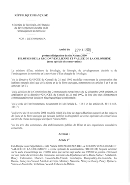 2 7 MAI 200I - Portant Désignation Du Site Natura 2000 PELOUSES DE LA REGION VESULIENNE ET V ALLEE DE LA COLOMBINE (Zone Spéciale De Conservation)