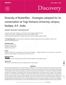 Strate Conservation at Yogi Vemana Kadapa, AP, India Ity of Butterflies