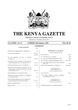 THE KENYA GAZETTE Published by Authority of the Republic of Kenya (Registered As a Newspaper at the G.P.O.)