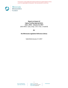 Report on Impact of Legacy Funding Appropriation July 1, 2015 – January 13, 2017 (2015 Minn