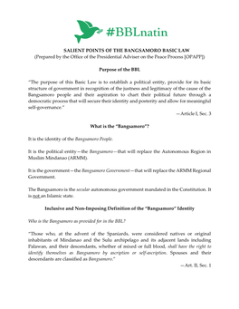 SALIENT POINTS of the BANGSAMORO BASIC LAW (Prepared by the Office of the Presidential Adviser on the Peace Process [OPAPP])