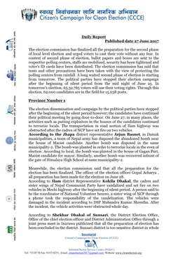 Daily Report Published Date 27 June 2017 the Election Commission Has Finalized All the Preparation for the Second Phase of Local