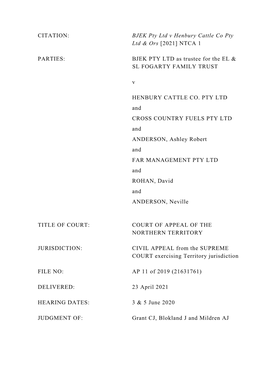 BJEK Pty Ltd V Henbury Cattle Co Pty Ltd & Ors [2021] NTCA 1 PARTIES