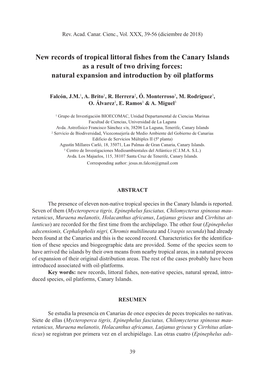 New Records of Tropical Littoral Fishes from the Canary Islands As a Result of Two Driving Forces: Natural Expansion and Introduction by Oil Platforms