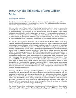 Review of the Philosophy of John William Miller by Douglas R