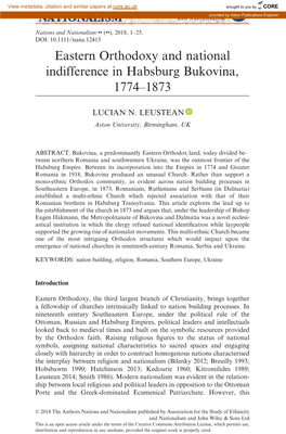 Eastern Orthodoxy and National Indifference in Habsburg Bukovina, 1774–1873