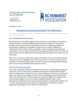 RECOGNIZING DISCRIMINATION AGAINST the NONRELIGIOUS a Brief for the Standing Committee on Canadian Heritage Regarding Systemic Racism and Religious Discrimination