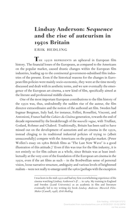 Lindsay Anderson: Sequence and the Rise of Auteurism in 1950S Britain Erik Hedling