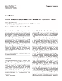 Mating Biology and Population Structure of the Ant, Leptothorax Gredleri