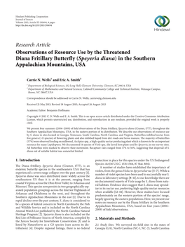 Observations of Resource Use by the Threatened Diana Fritillary Butterfly (Speyeria Diana) in the Southern Appalachian Mountains, USA