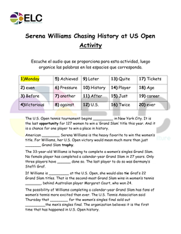 Serena Williams Chasing History at US Open Activity