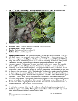 16.2 Taxon Summary: Alectryon Macrococcus Var. Macrococcus