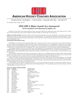 2010 AHCA Major Awards Are Announced AMERICAN HOCKEY