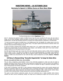 MARITIME NEWS – 16 OCTOBER 2016 Germany to Spend 1.5 Billion Euros on More Navy Ships