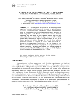 23-36 Issn: 1655-3179 Optimization of the Locations of Cassava Postharvest Facilities in Sural