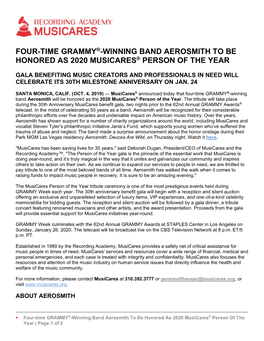 Four-Time Grammy®-Winning Band Aerosmith to Be Honored As 2020 Musicares® Person of the Year