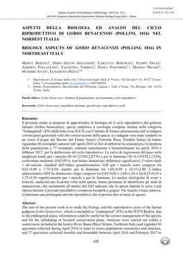 Aspetti Della Biologia Ed Analisi Del Ciclo Riproduttivo Di Gobio Benacensis (Pollini, 1816) Nel Nordest Italia Biology Aspects