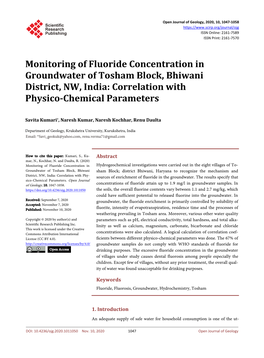 Monitoring of Fluoride Concentration in Groundwater of Tosham Block, Bhiwani District, NW, India: Correlation with Physico-Chemical Parameters
