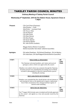 TAKELEY PARISH COUNCIL MINUTES Ordinary Meeting of Takeley Parish Council