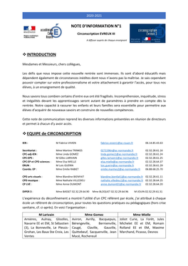 NOTE D'information N°1 INTRODUCTION EQUIPE De