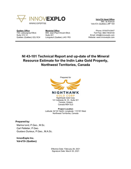 NI 43-101 Technical Report and Up-Date of the Mineral Resource Estimate for the Indin Lake Gold Property, Northwest Territories, Canada