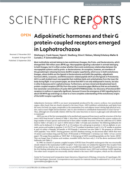 Adipokinetic Hormones and Their G Protein-Coupled Receptors Emerged in Lophotrochozoa Received: 17 November 2015 Shizhong Li, Frank Hauser, Signe K