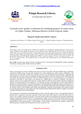 Ground Water Quality Evaluation for Drinking Purpose in Some Areas of Unjha Taluka, Mehsana District (North Gujrat), India