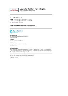 Journal of the Short Story in English, 41 | Autumn 2003, « JSSE Twentieth Anniversary » [Online], Online Since 13 June 2008, Connection on 03 December 2020