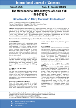 The Mitochondrial DNA Mitotype of Louis XVII (1785-1795?) Gérard Lucotte1, Thierry Thomasset2, Christian Crépin3