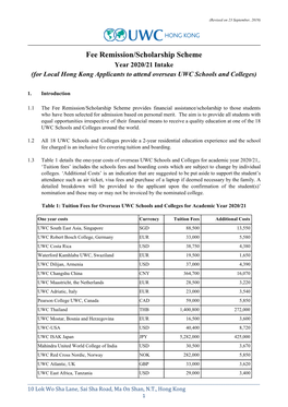 Fee Remission/Scholarship Scheme Year 2020/21 Intake (For Local Hong Kong Applicants to Attend Overseas UWC Schools and Colleges)