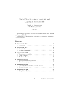 Math 253Y - Symplectic Manifolds and Lagrangian Submanifolds