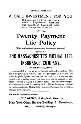 Twenty Payment Life Policy the MASSACHUSETTS