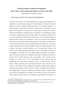 Concept Formation, Synthesis and Judgment: Kant's Theory of The
