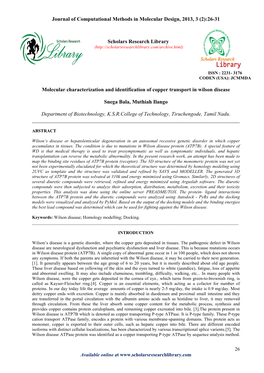 Molecular Characterization and Identification of Copper Transport in Wilson Disease