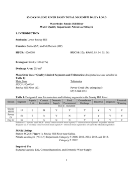 Smoky Hill River Water Quality Impairment: Nitrate As Nitrogen 1