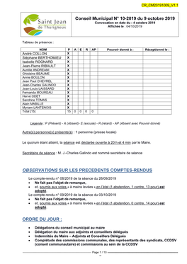 Conseil Municipal N° 10-2019 Du 9 Octobre 2019 OBSERVATIONS SUR LES PRECEDENTS COMPTES-RENDUS ORDRE DU JOUR