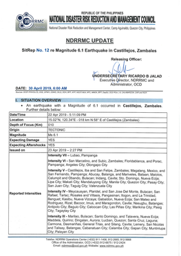 Sitrep No. 12 Re Magnitude 6.1 Earthquake in Castillejos, Zambales