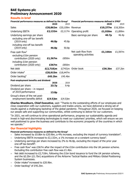 BAE Systems Plc Preliminary Announcement 2020